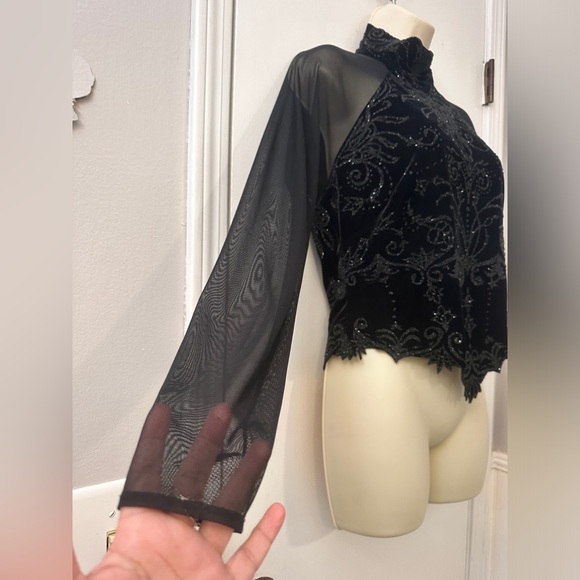 Tadashi Shoji Vintage Black Velvet Sheer Beaded Top with Mesh, Size XL - Picture 9 of 14
